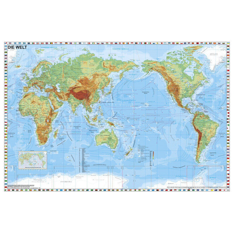Stiefel Världskarta Världen fysisk Stilla havet-centrerad med flaggkant (98x68)